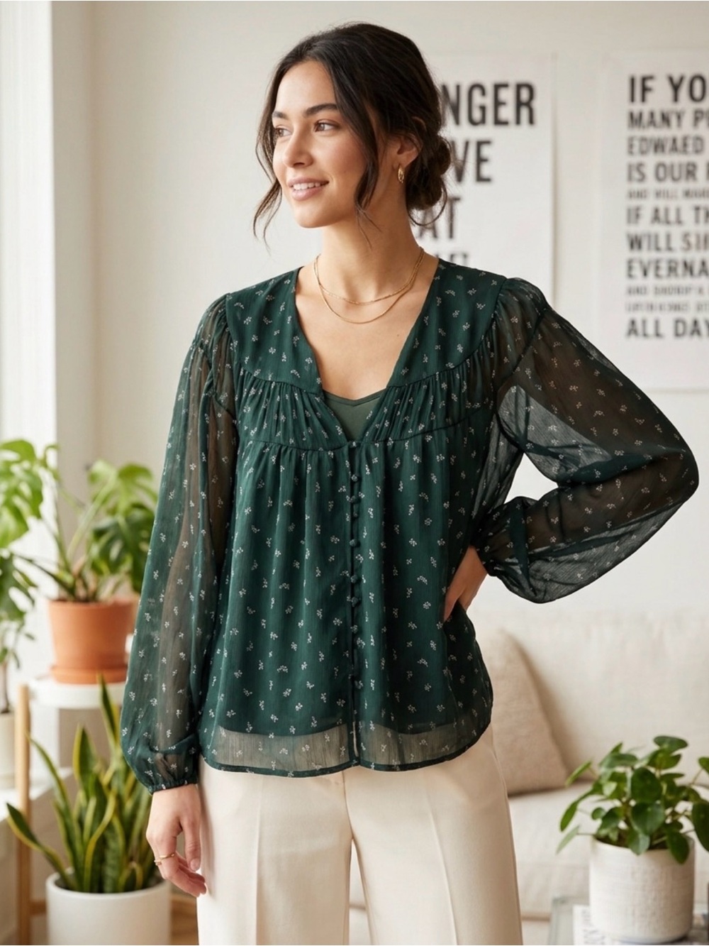 Old Navy Dark Green Floral Peasant Blouse